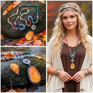 Bohemian Rainbow Beaded Chic Necklace with Coin & Bumble Bee Jasper Pendant
